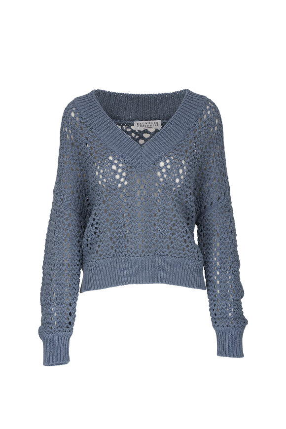 Brunello Cucinelli - Artic Blue Cotton Open Knit V-Neck Sweater 