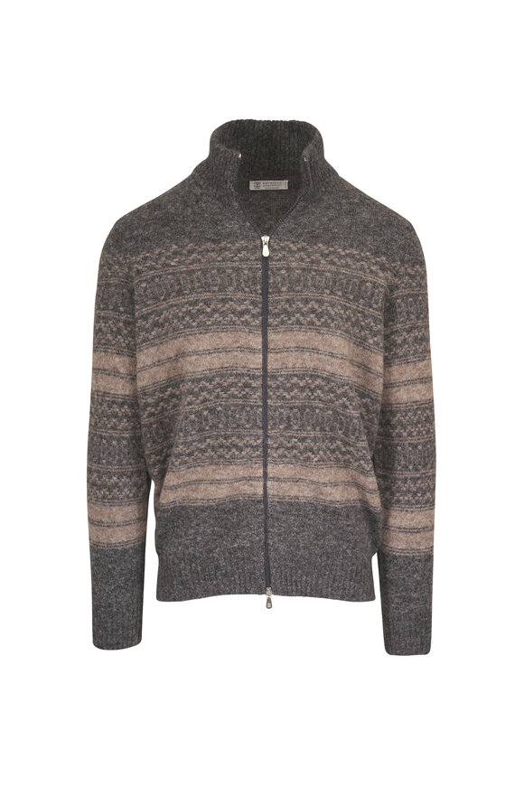 Brunello Cucinelli Charcoal Gray Mélange Full Zip Sweater - view 1