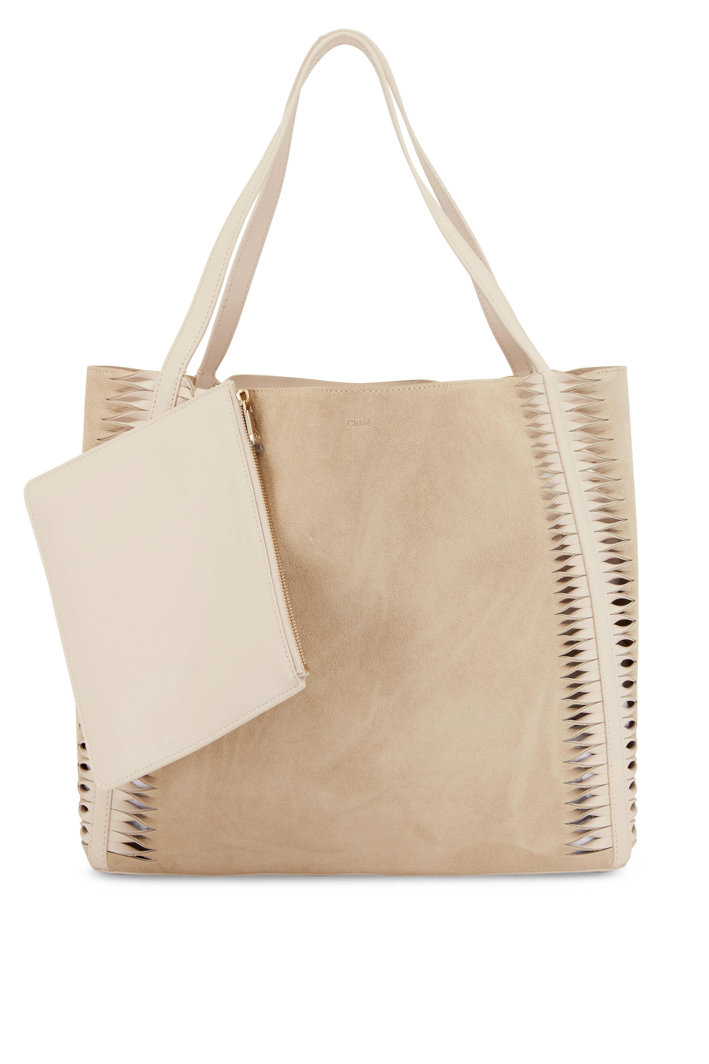 Chloé - Louela Pearl Beige Twisted Cut Out Suede Tote