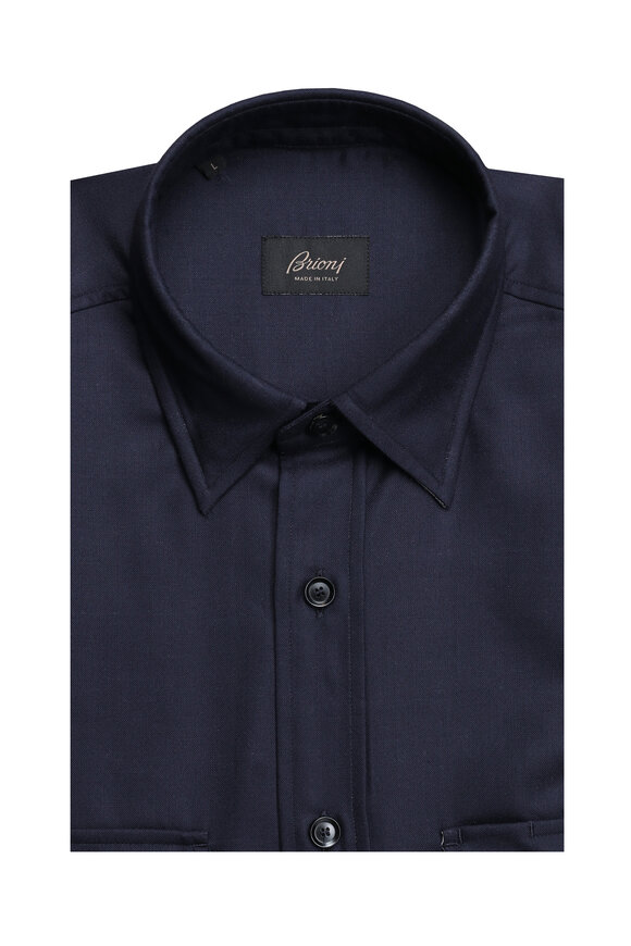 Brioni Navy Blue Wool Military Shirt