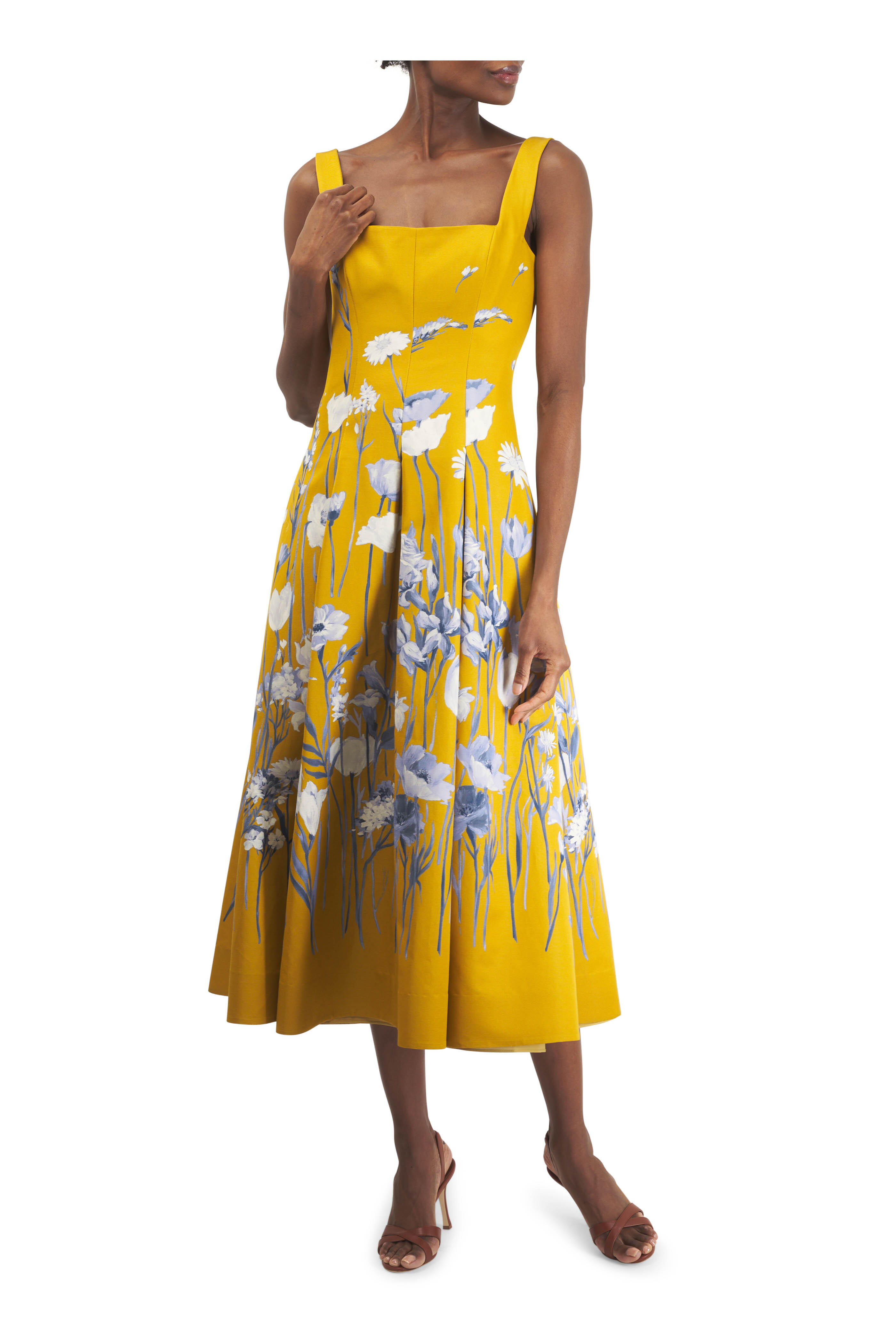 Lela Rose - Floral Faille Ochre Multi Midi Dress