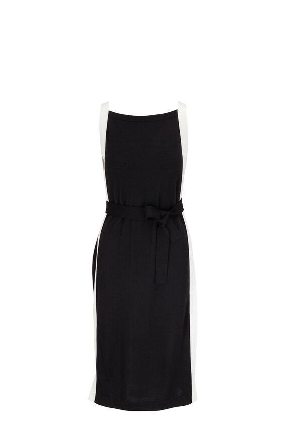 Akris - Black & White Accent Knit Midi Slit Belt Dress