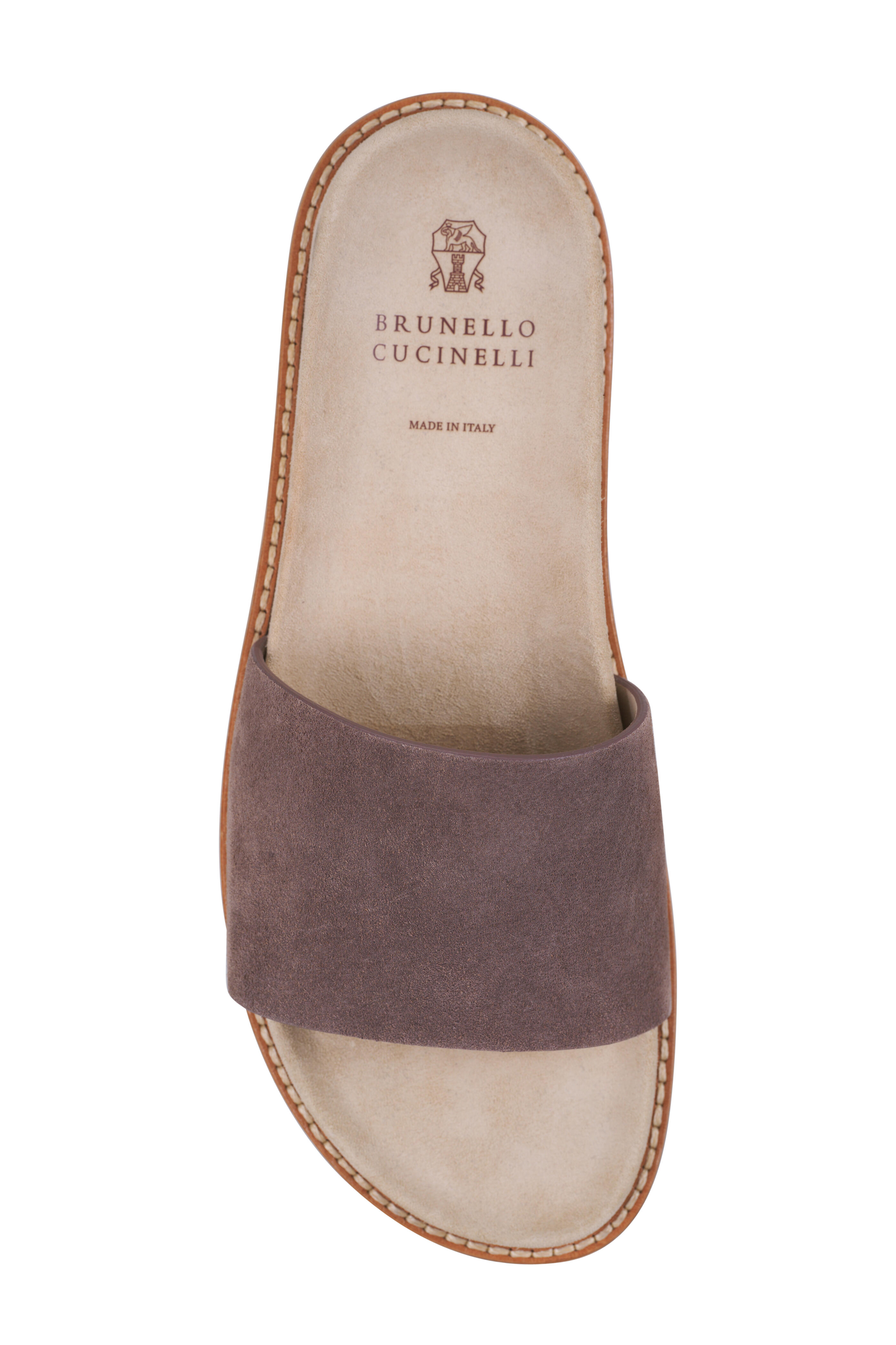 Brunello Cucinelli - Taupe Washed Suede Slide | Mitchell Stores