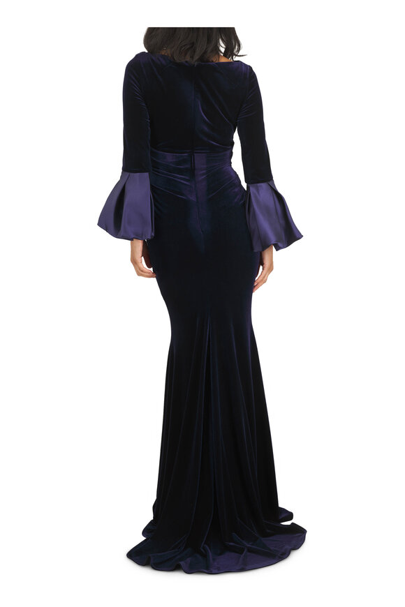 Talbot Runhof Moonlight Blue Velvet Trumpet Sleeve Gown - view 4