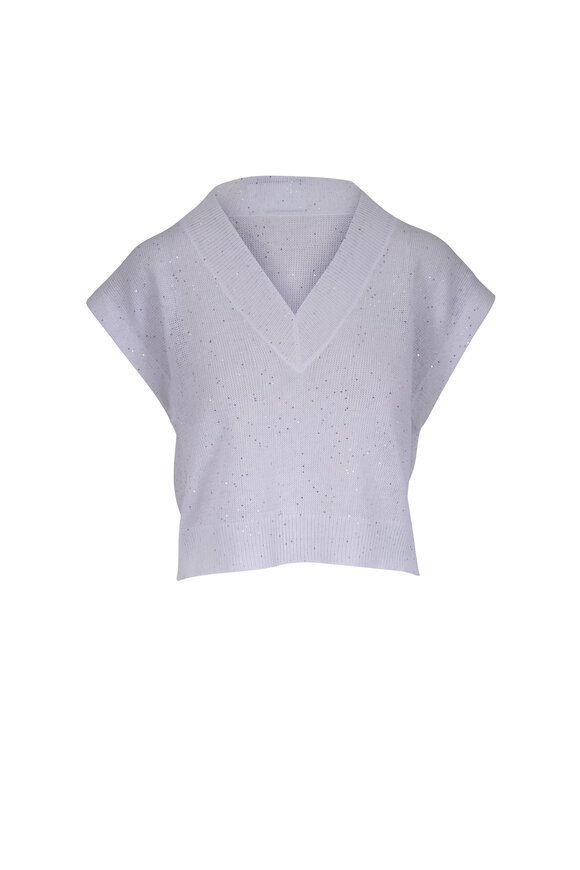 Brunello Cucinelli White Paillette Linen & Cotton V-Neck Sweater