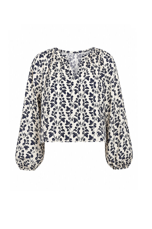 Tanya Taylor Adelina Cream & Maritime Blue Print Blouse - view 1