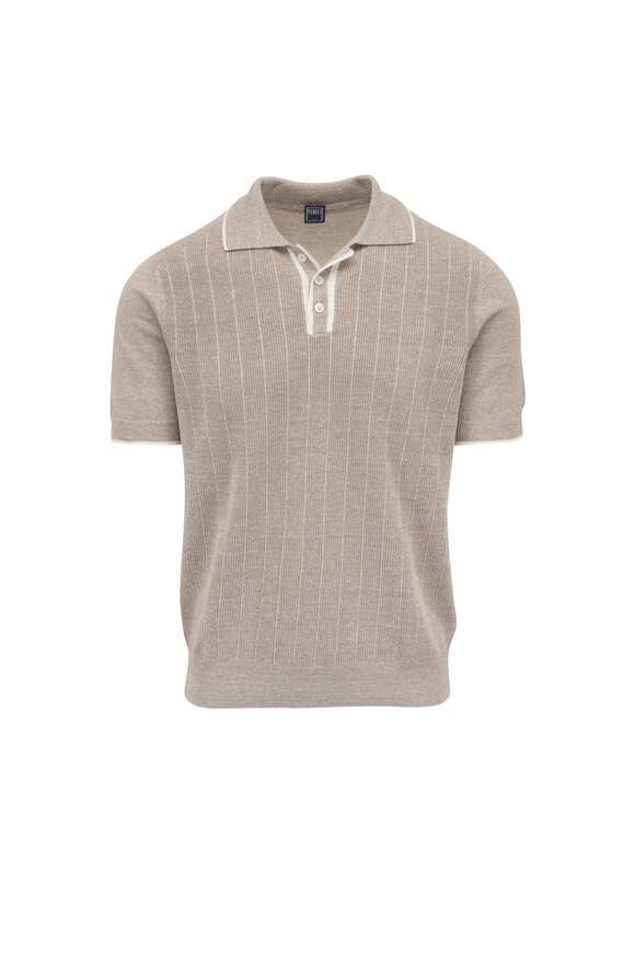 Fedeli Sand Linen & Cotton Tipped Ribbed Polo