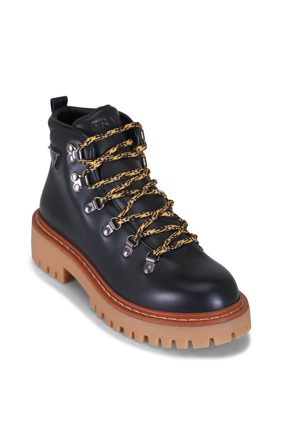 Prada St. Moritz Black Leather Lace Up Short Boot