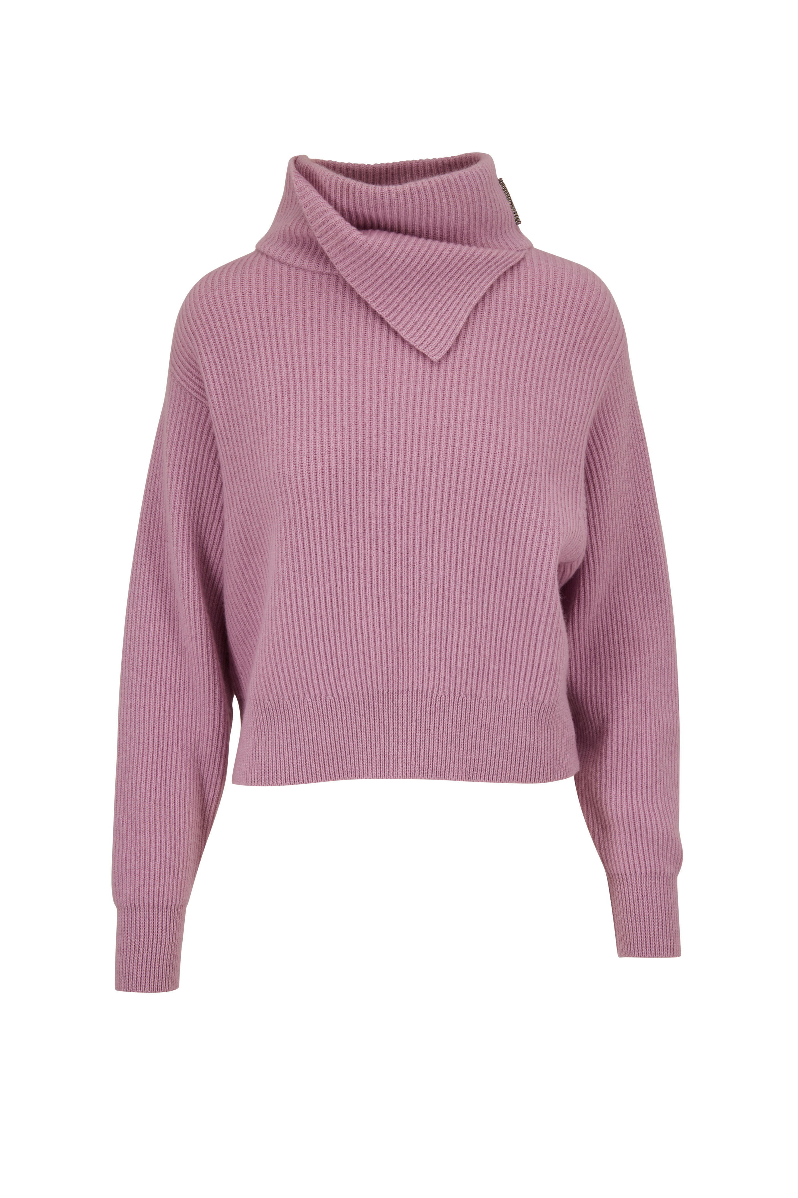 【関税&送料込み】Brunello Cucinelli English Ribbed Trouse Brunello Cucinelli - Purple Ribbed Cashmere Draped Turtleneck