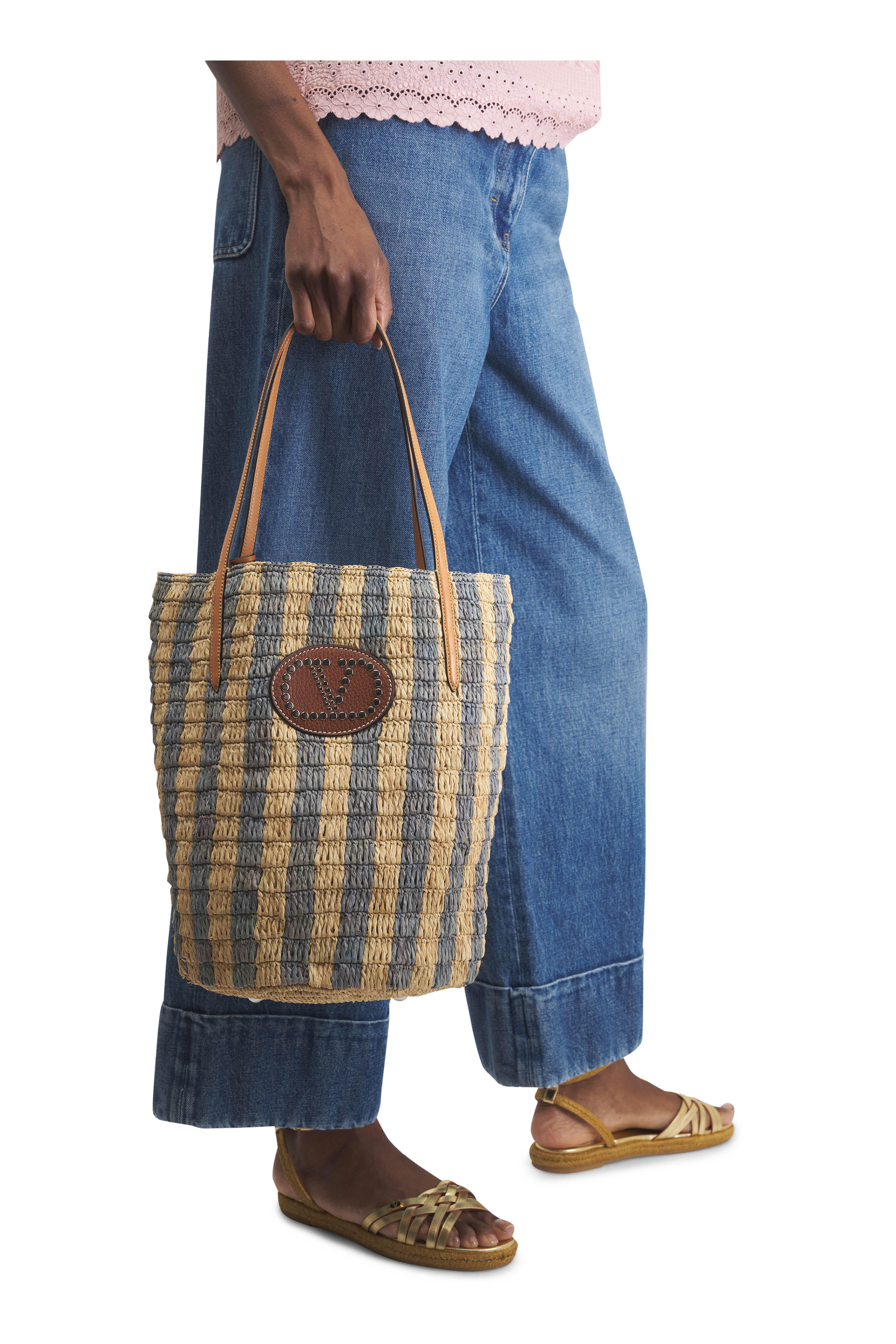 Valentino Garavani - VLogo Natural & Azure Stripe Raffia Shopping Bag