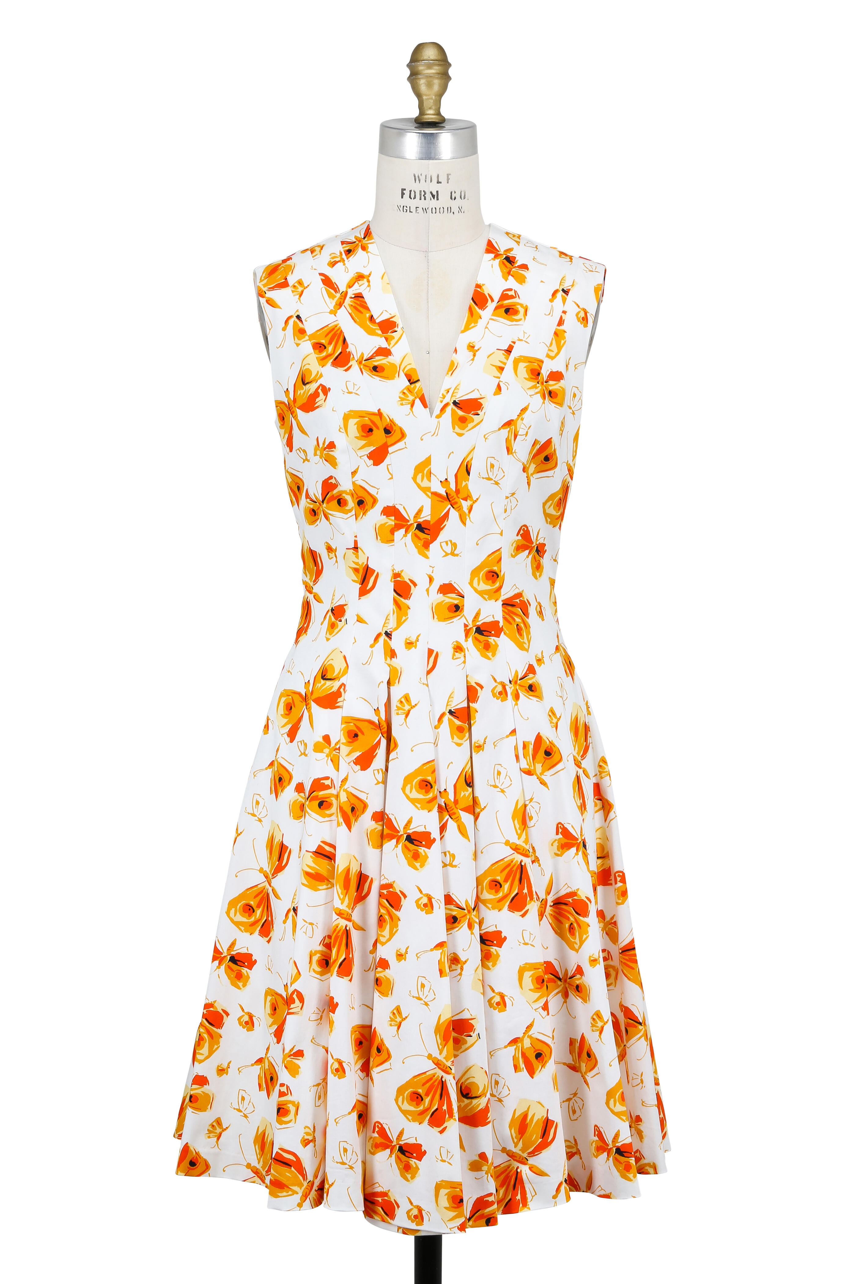 Carolina Herrera - White & Orange Pintuck Fit & Flare Dress
