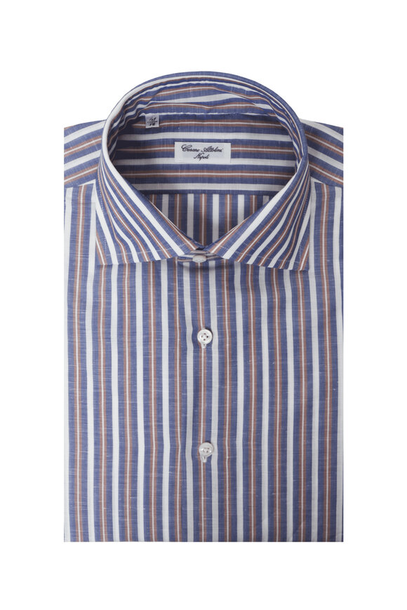 Cesare Attolini White, Royal Blue & Brown Stripe Dress Shirt - view 1