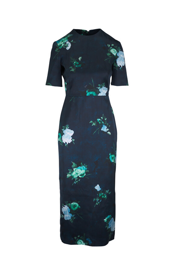 Erdem Duchess Blue Floral Print Satin Cocktail Dress