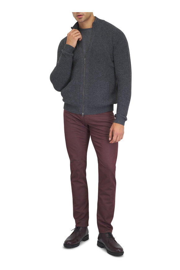 Kinross Charcoal Grey Cashmere Rib Full Zip Sweater - view 2
