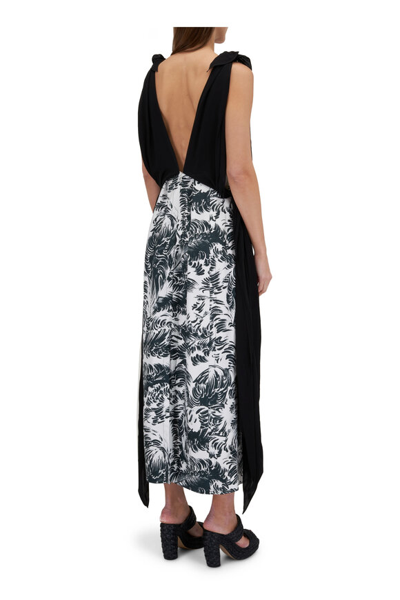 Bottega Veneta - Black & White Feather Print Silk Midi Dress 