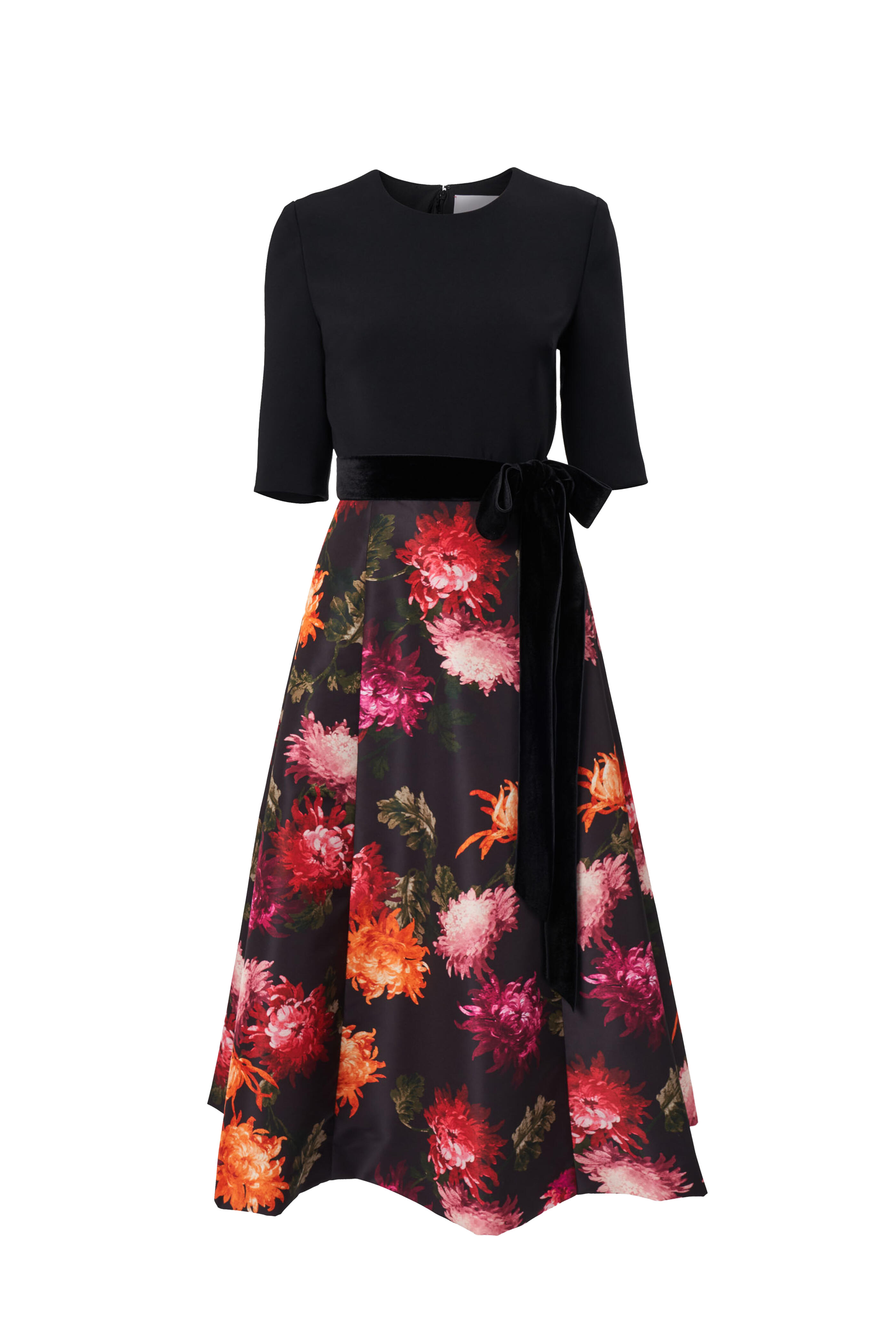 Carolina Herrera - Black Floral Elbow Sleeve Bow Midi Dress