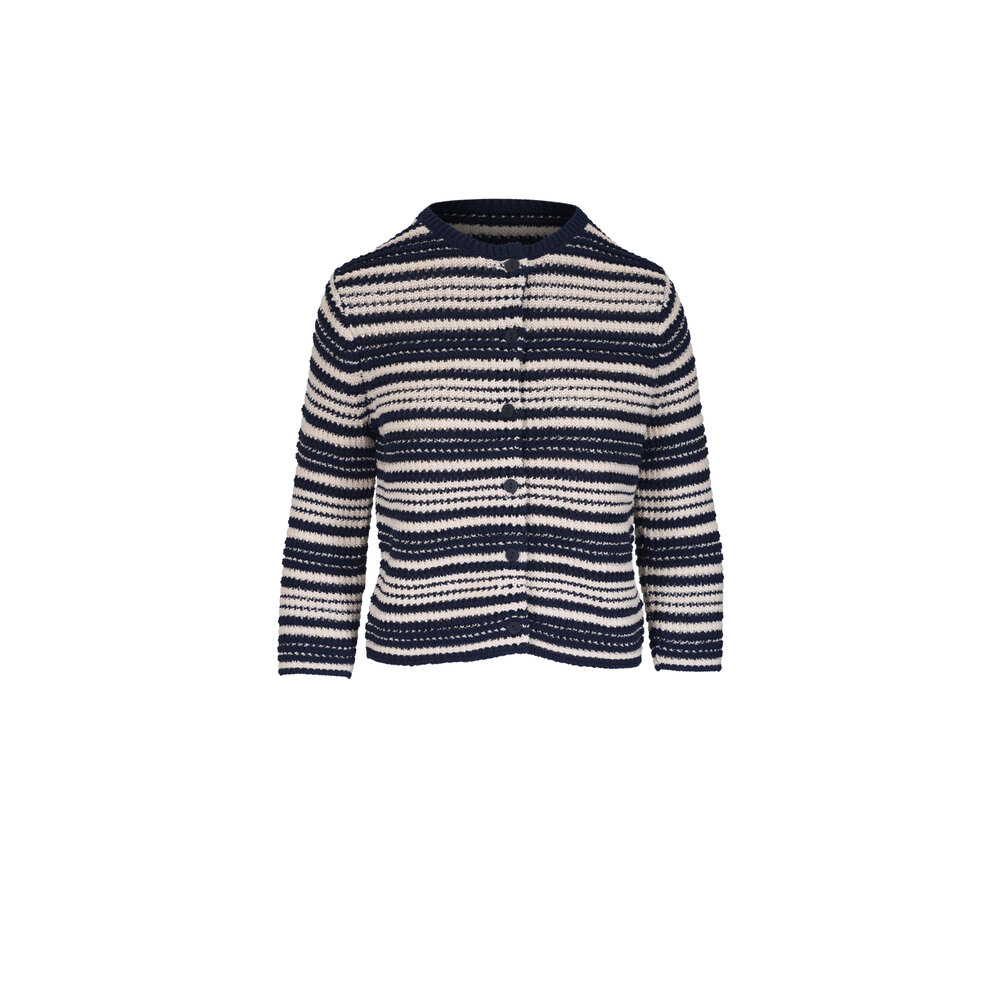 ヴィンス Vince Microstripe V-neck Cardigan レディース Sweaters Off White/Coastal Blu Vince - Off White & Coastal Blue Microstripe Cardigan