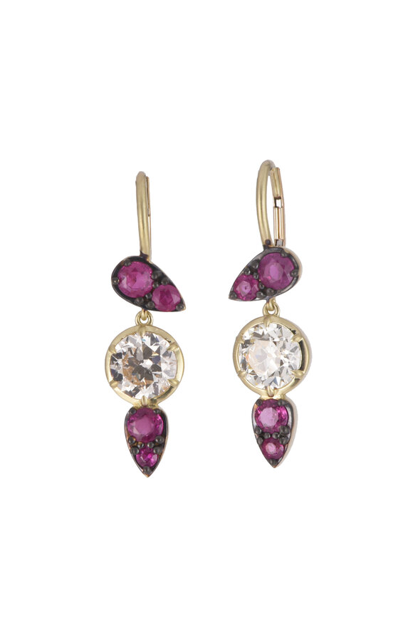 Sylva & Cie 18k Yellow Gold Ruby & Diamond Dangle Earring - view 1