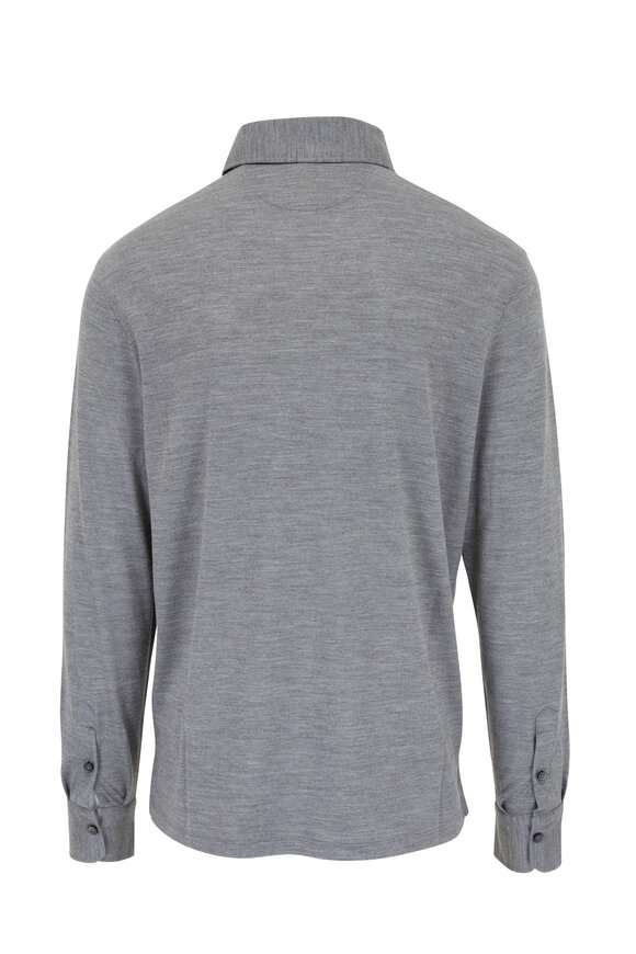 Isaia - Evening Solid Gray Wool Long Sleeve Polo 