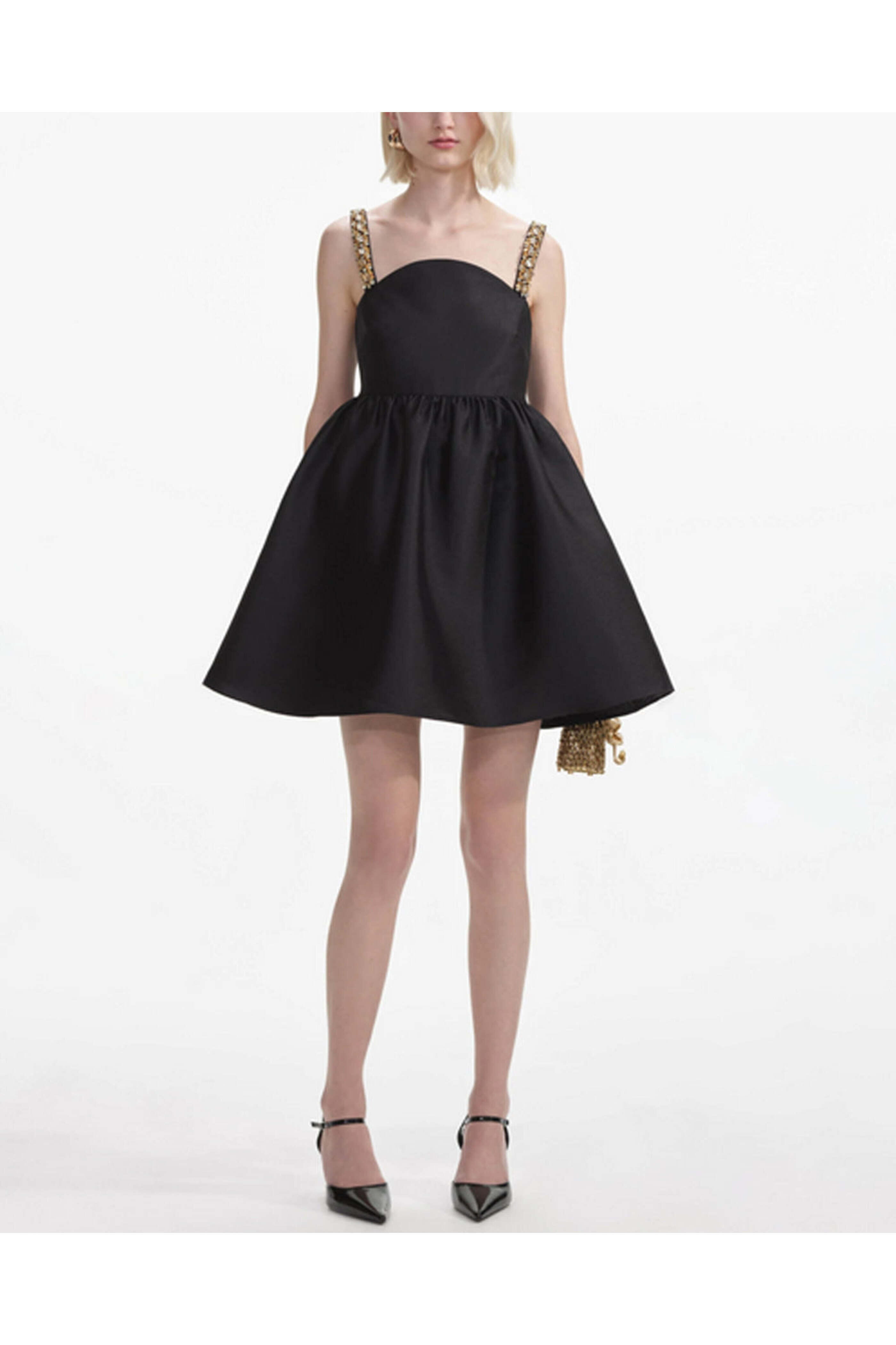 Self - Portrait - Black Embellished Taffeta Mini Dress