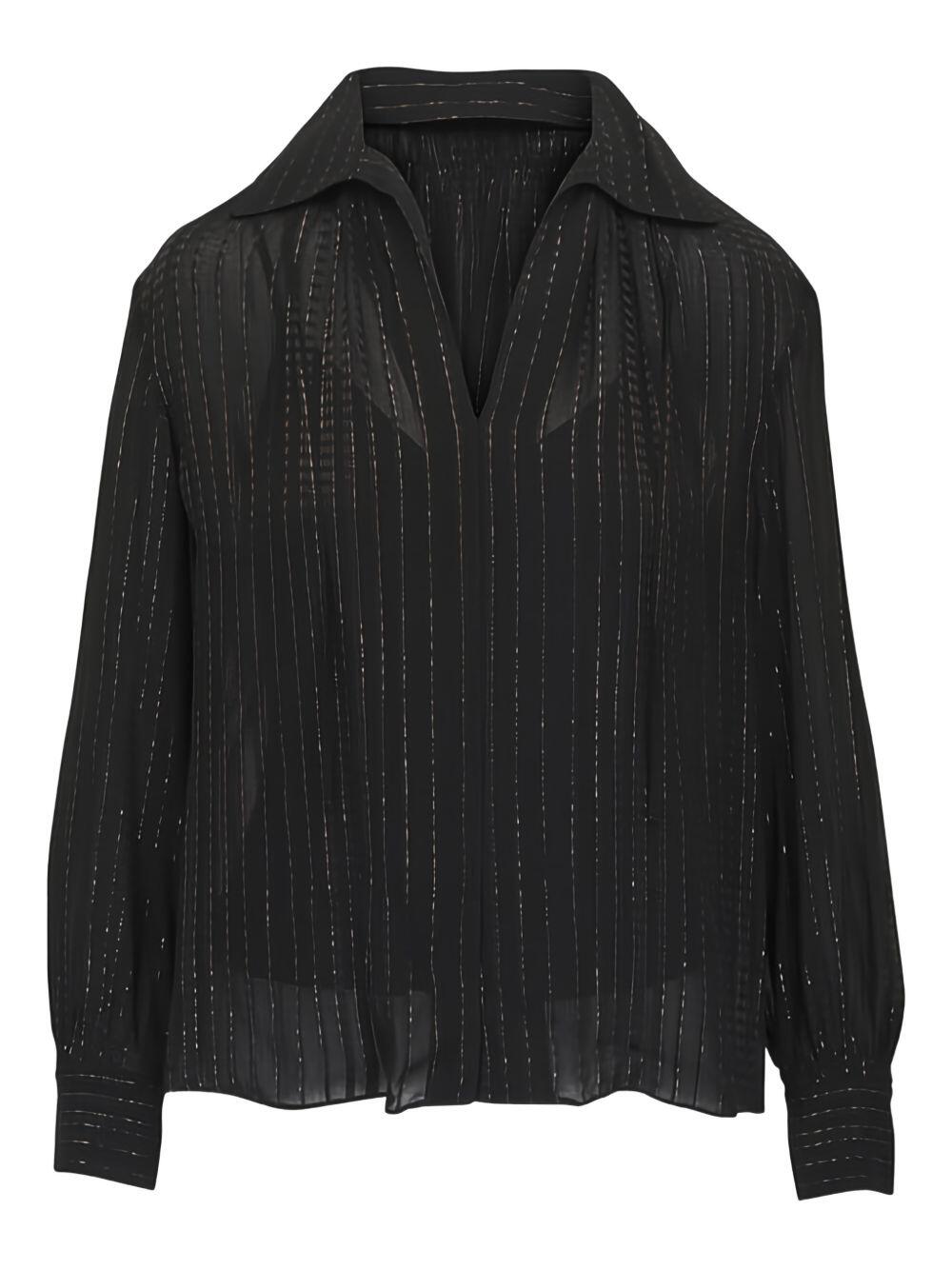 Vince - Black Metallic Stripe Lurex Gathered Blouse