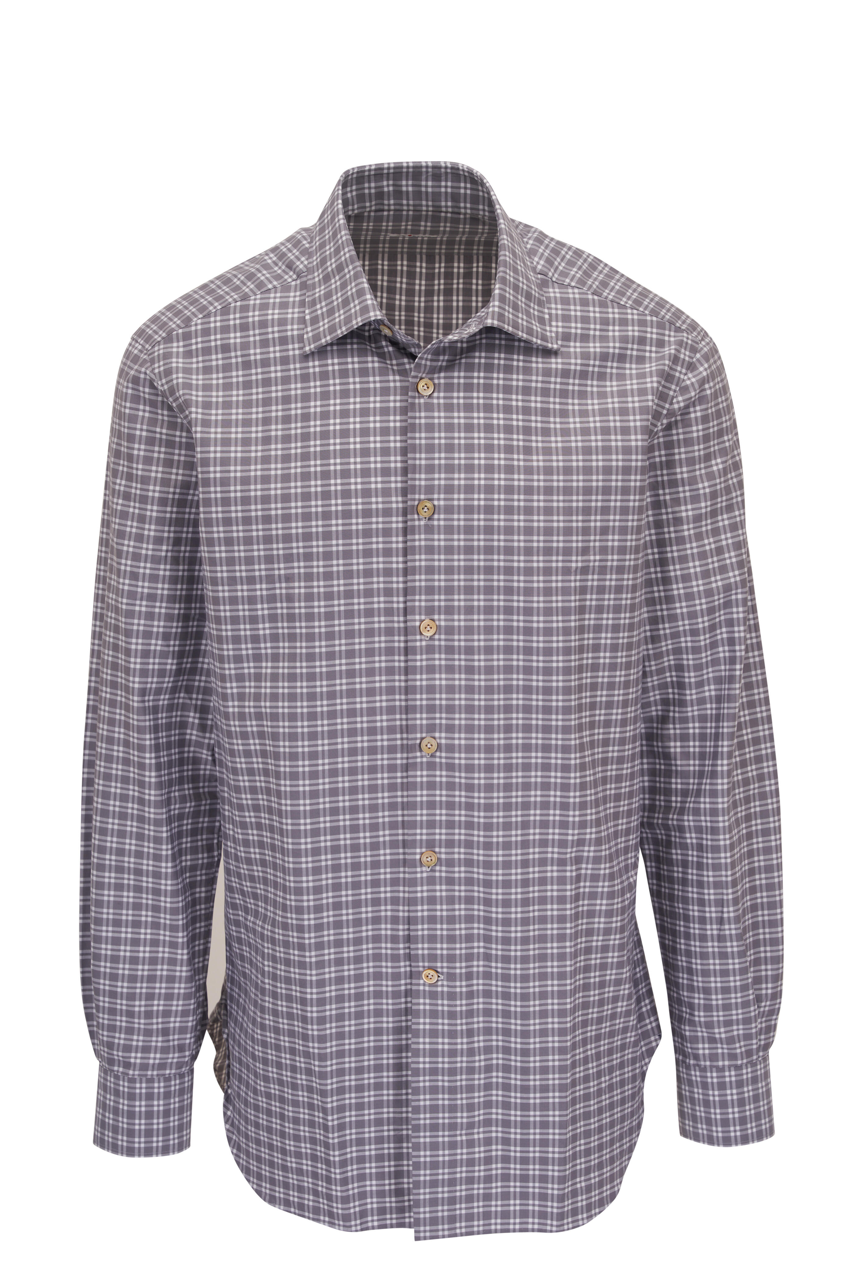 Kiton - Light Gray Check Cotton Dress Shirt