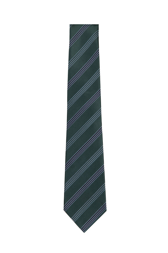 Kiton Dark Green Stripe Silk Necktie - view 1