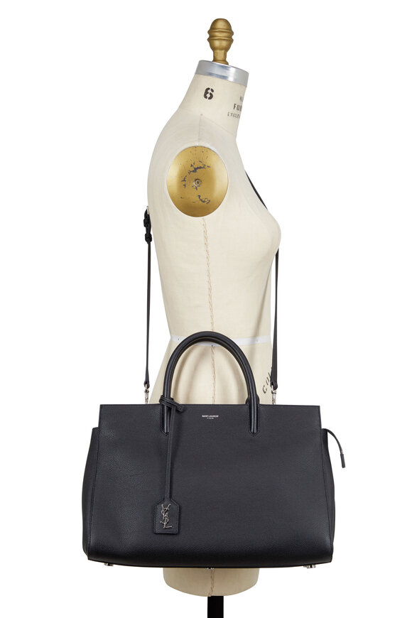 Saint Laurent 'medium Cabas Rive Gauche' Grained Leather Satchel - Metallic  In Blanc Grise