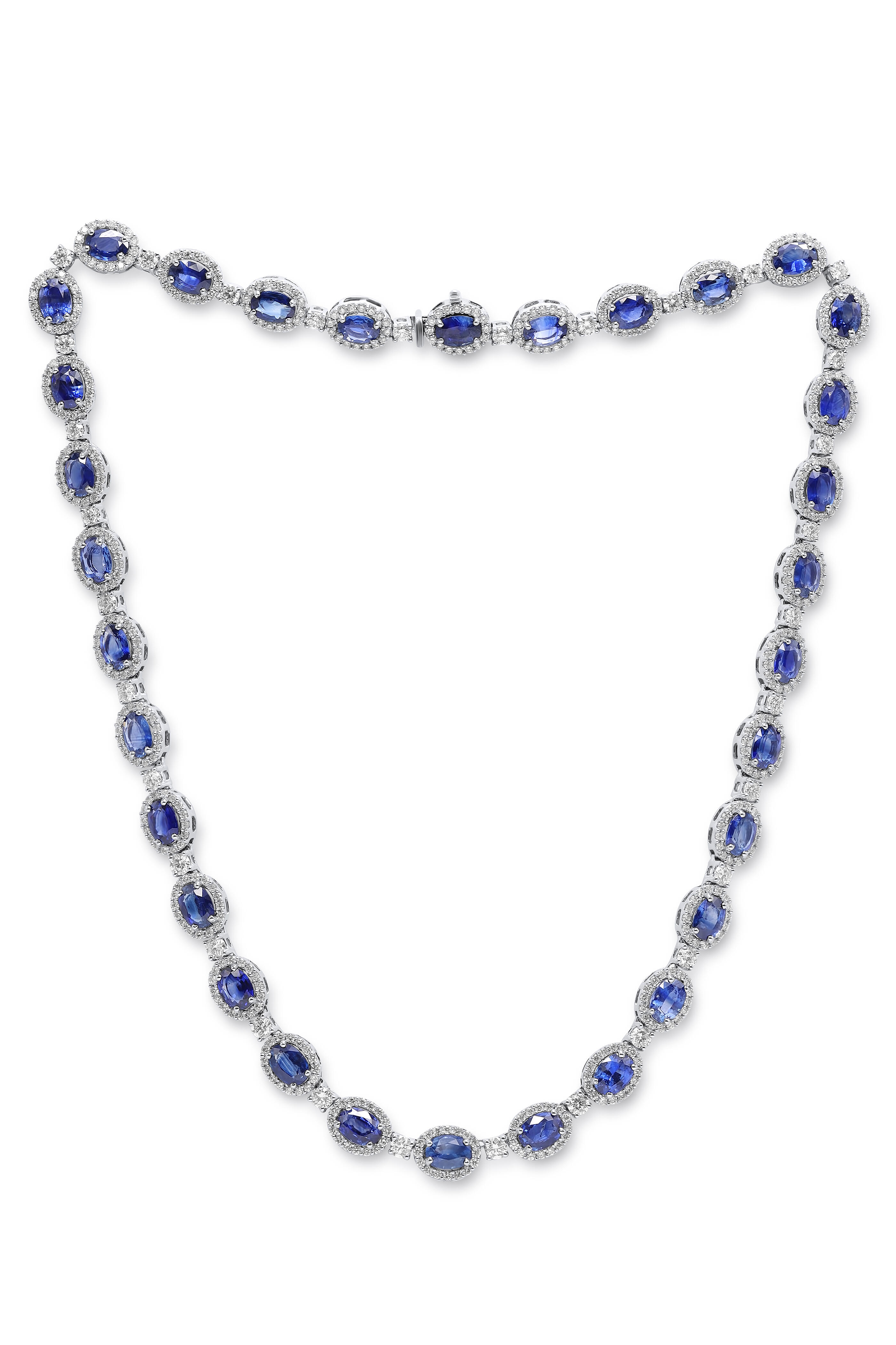 Diana M Jewels - 18k White Gold Sapphire And Diamond Halo Necklace - view 1
