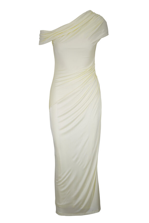 Galvan Lemon Fluid Knit Cascading Off The Shoulder Dress