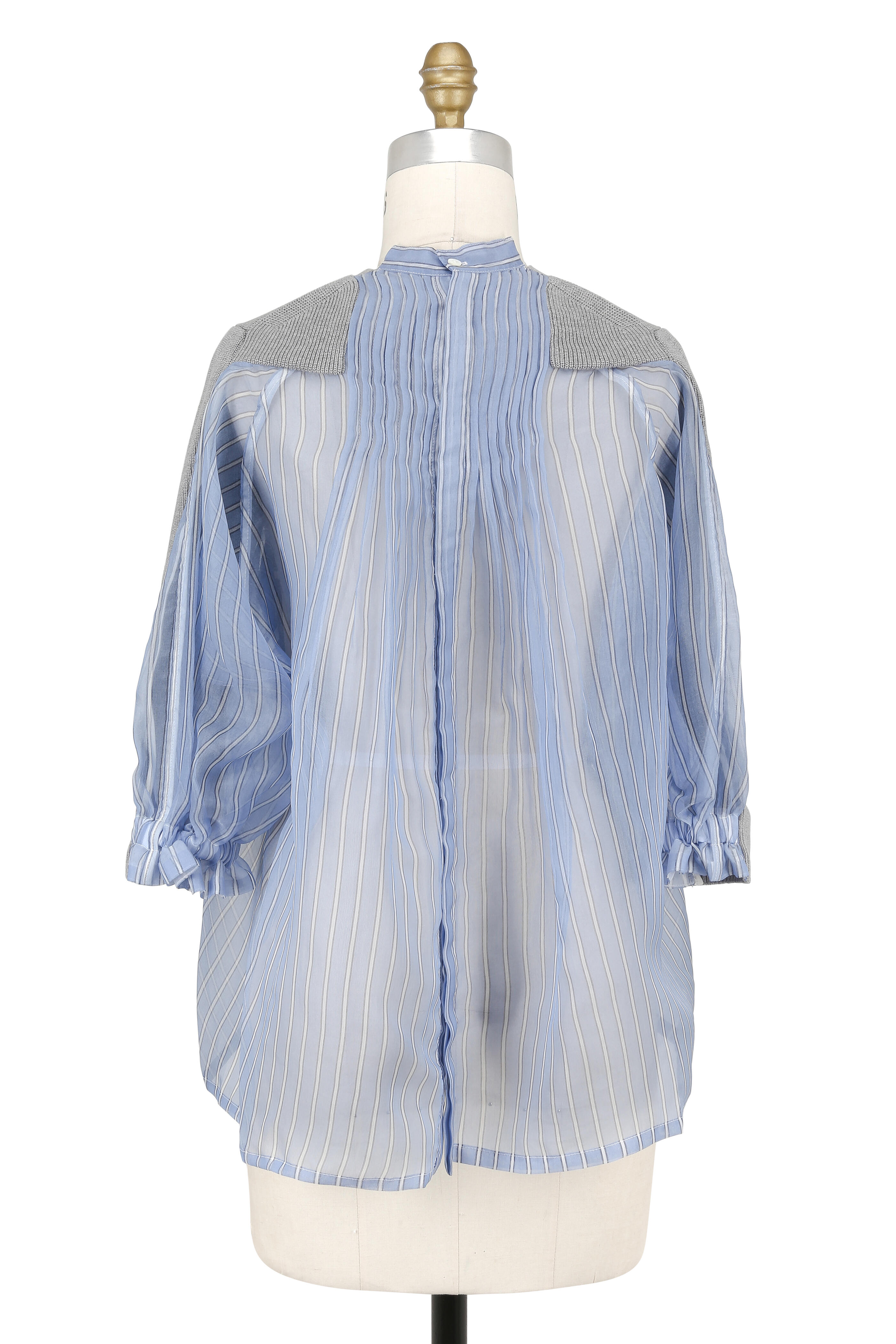 Sacai - Gray Knit & Blue Striped Organza Sweater