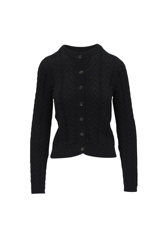 Brunello Cucinelli Dazzling Black Cotton Cable Knit Cardigan