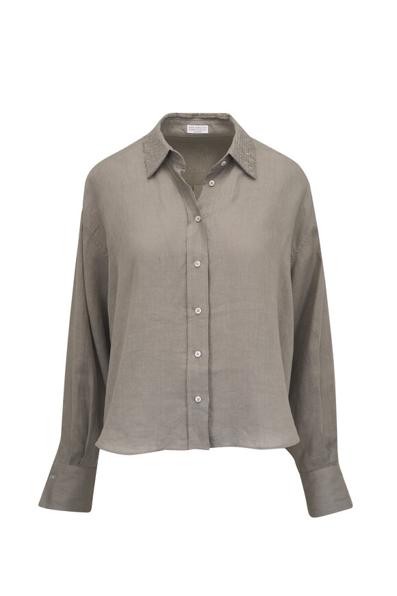Brunello Cucinelli Safari Green Linen Sequin Collar Blouse