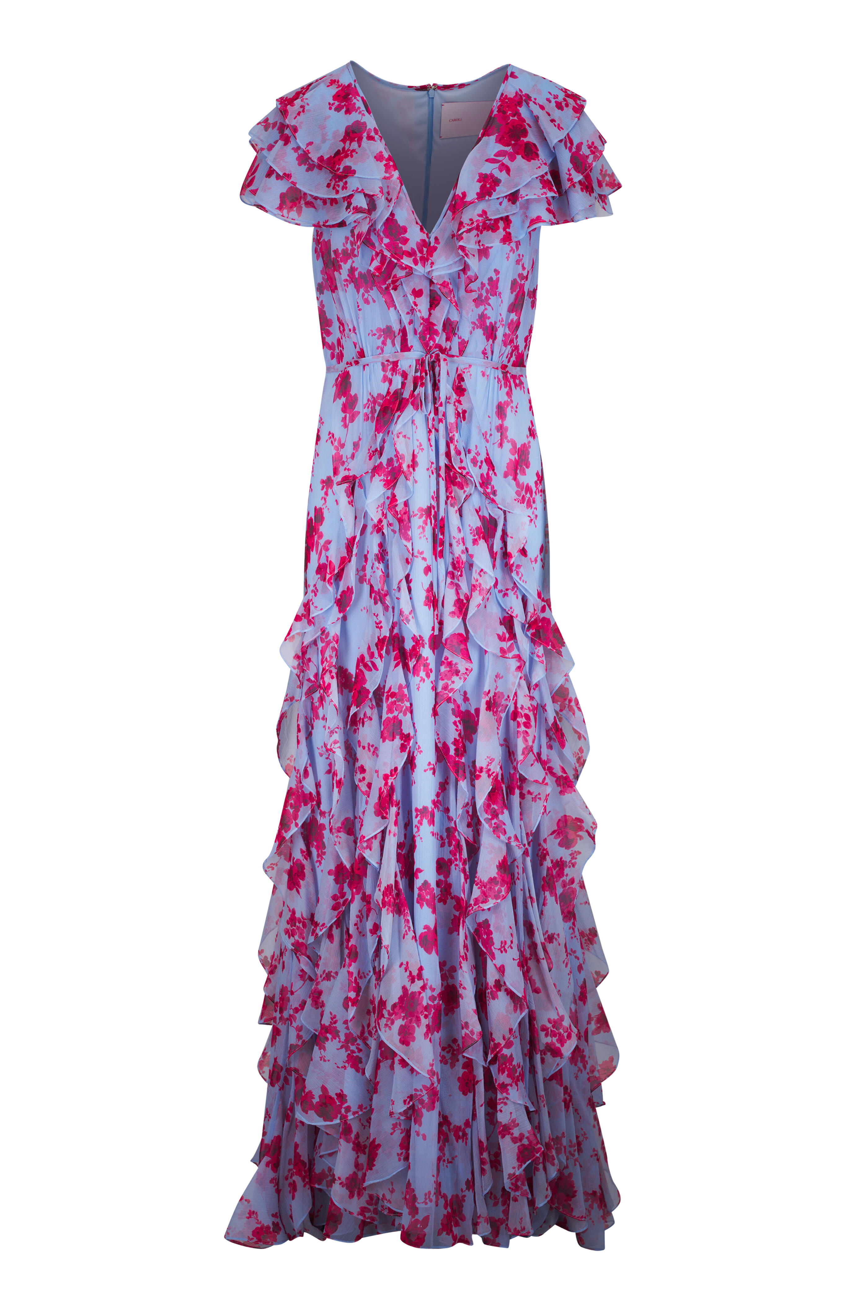 Carolina Herrera - Ruffled Blue & Red V-Neck Silk Chiffon Gown