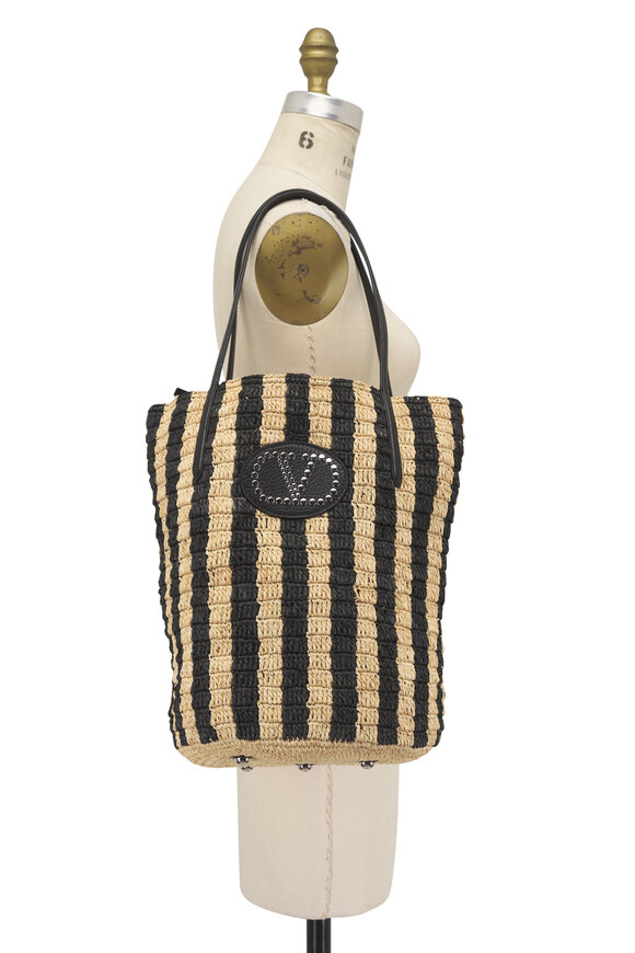 Valentino Garavani VLogo Natural & Black Stripe Raffia Shopping Bag - view 7