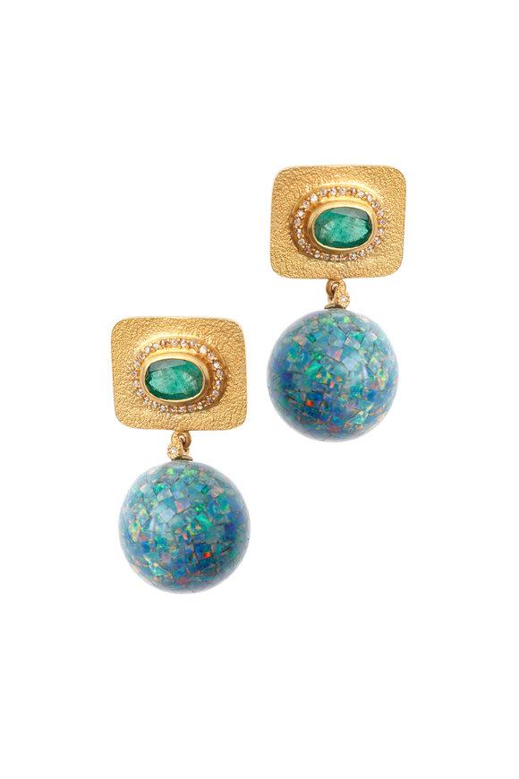 Coomi - 20K Yellow Gold Emerald, Opal & Diamond Earrings