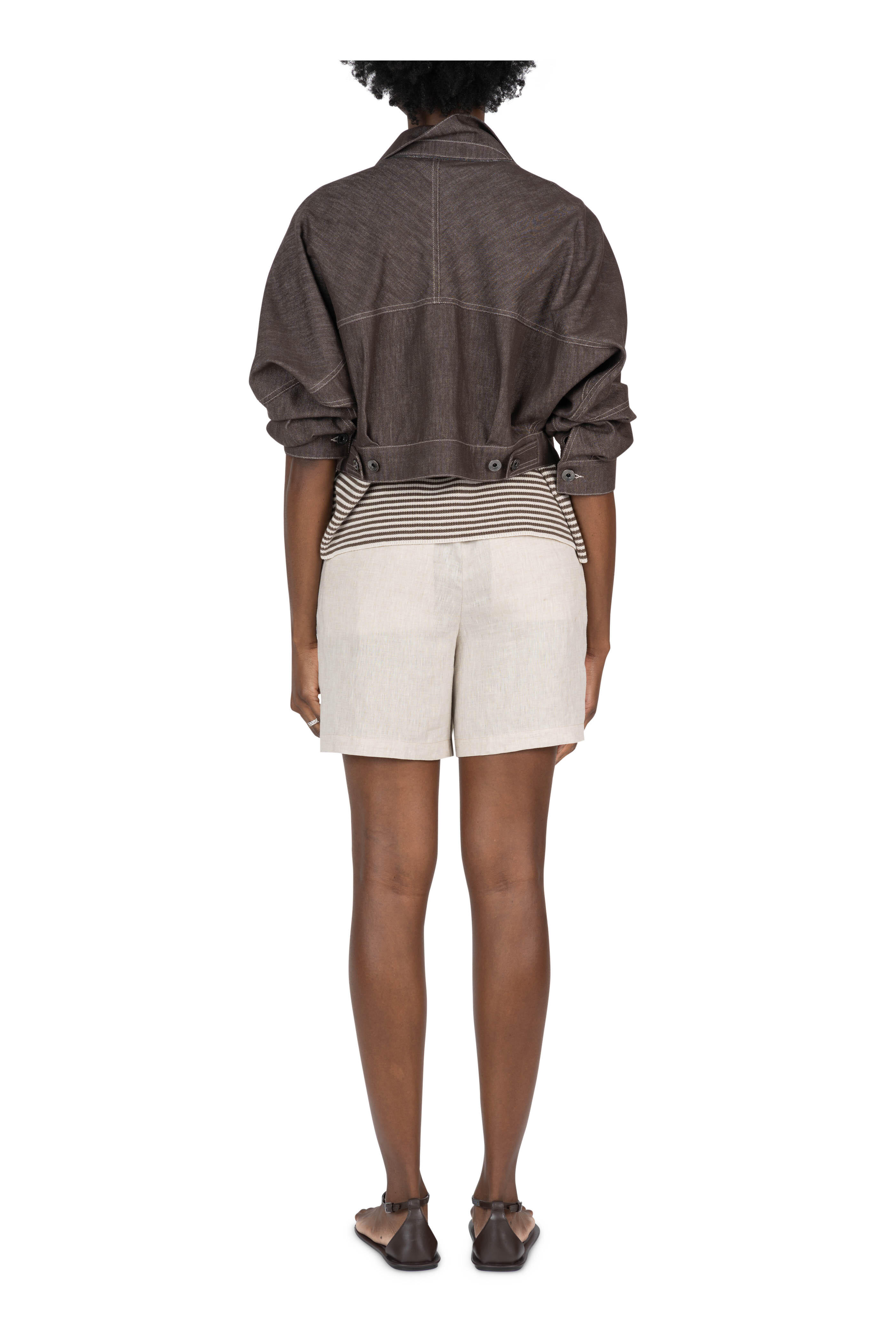 【送料&関税込】Brunello Cucinelli Embellished Collar T-shir Brunello Cucinelli - Brown Stripe Cotton Embellished Collar