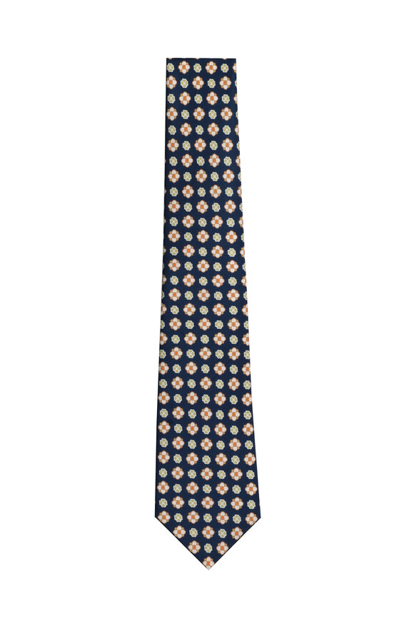 Kiton Navy Blue Geometric Silk Necktie