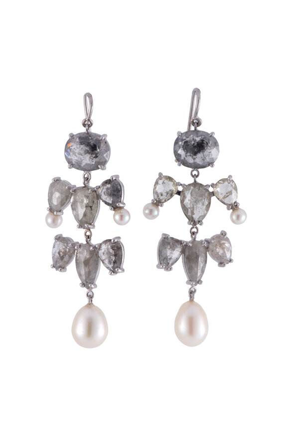 Sylva & Cie 18k White Gold Rough Diamond & Pearl Drop Earring - view 1