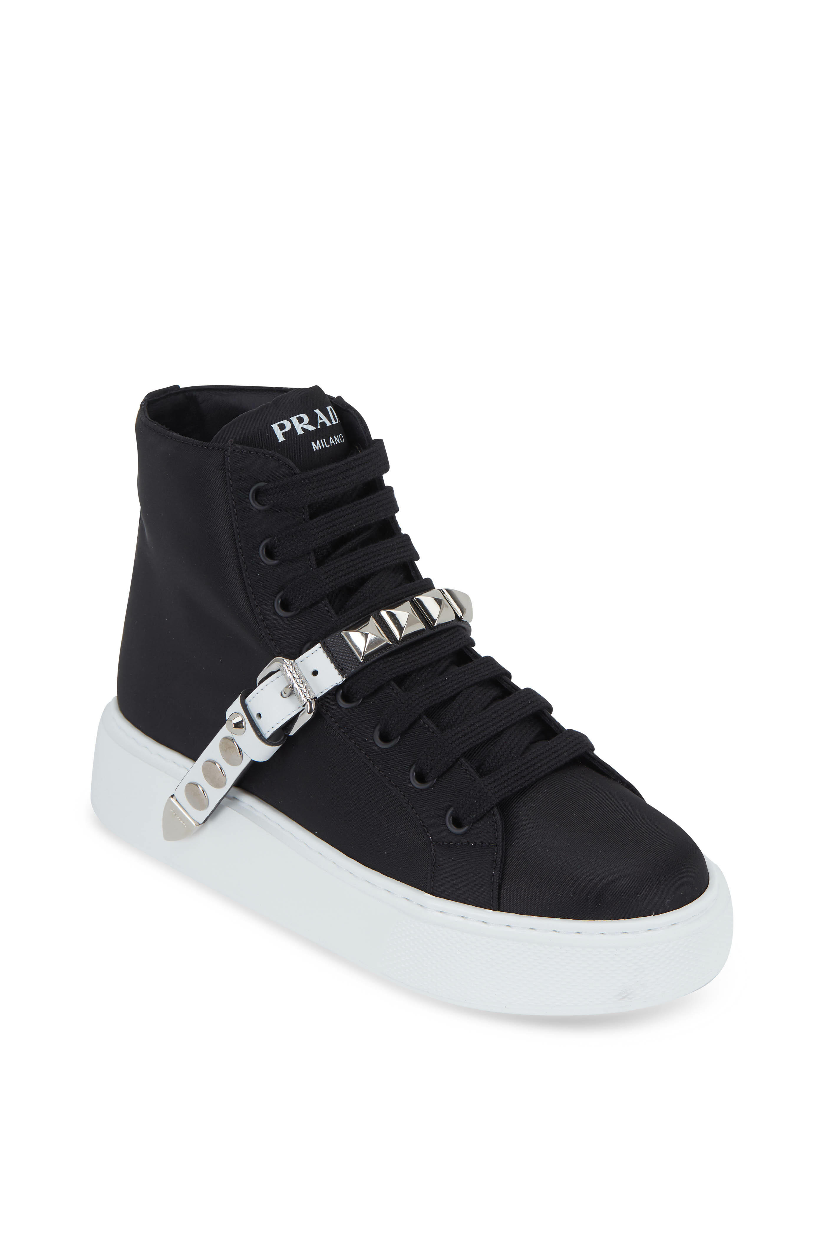 Prada - Black Tessuto Studded Strap High-Top Sneaker