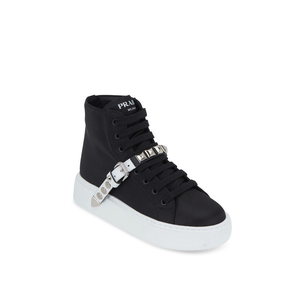 Prada - Black Tessuto Studded Strap High-Top Sneaker