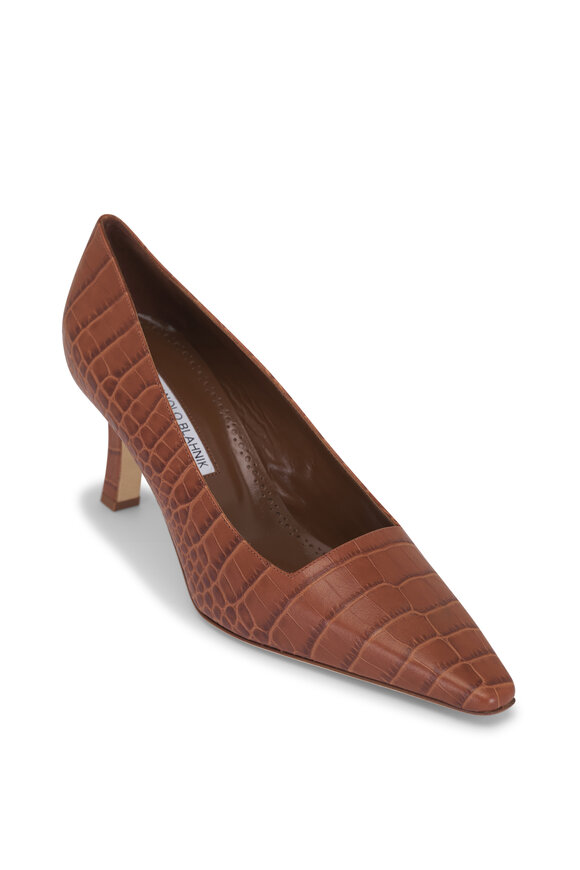 Manolo Blahnik Moiralo Brown Embossed Leather Pump, 70mm
