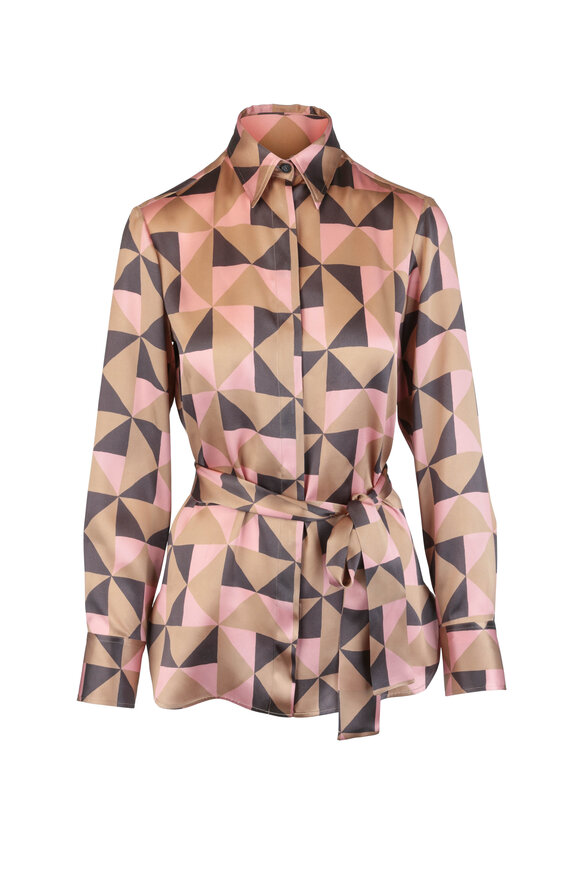 Kiton - Gold & Pink Geometric Print Silk Blouse 