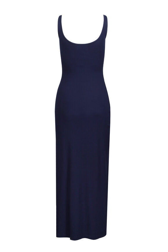 navy blue formal dress Navy Blue Strappy-Back Long Sequin Prom Dress