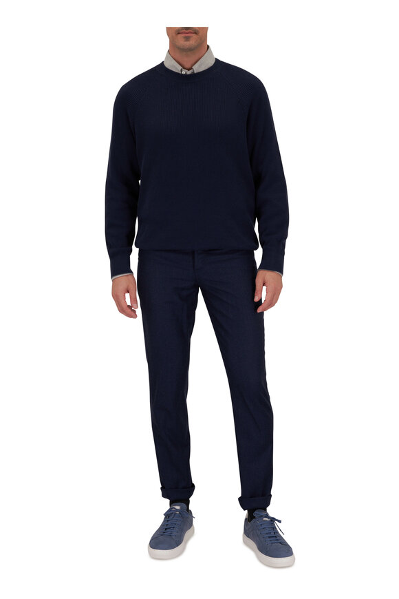 Brunello Cucinelli - Navy English Ribbed Knit Cotton Crewneck Sweater 