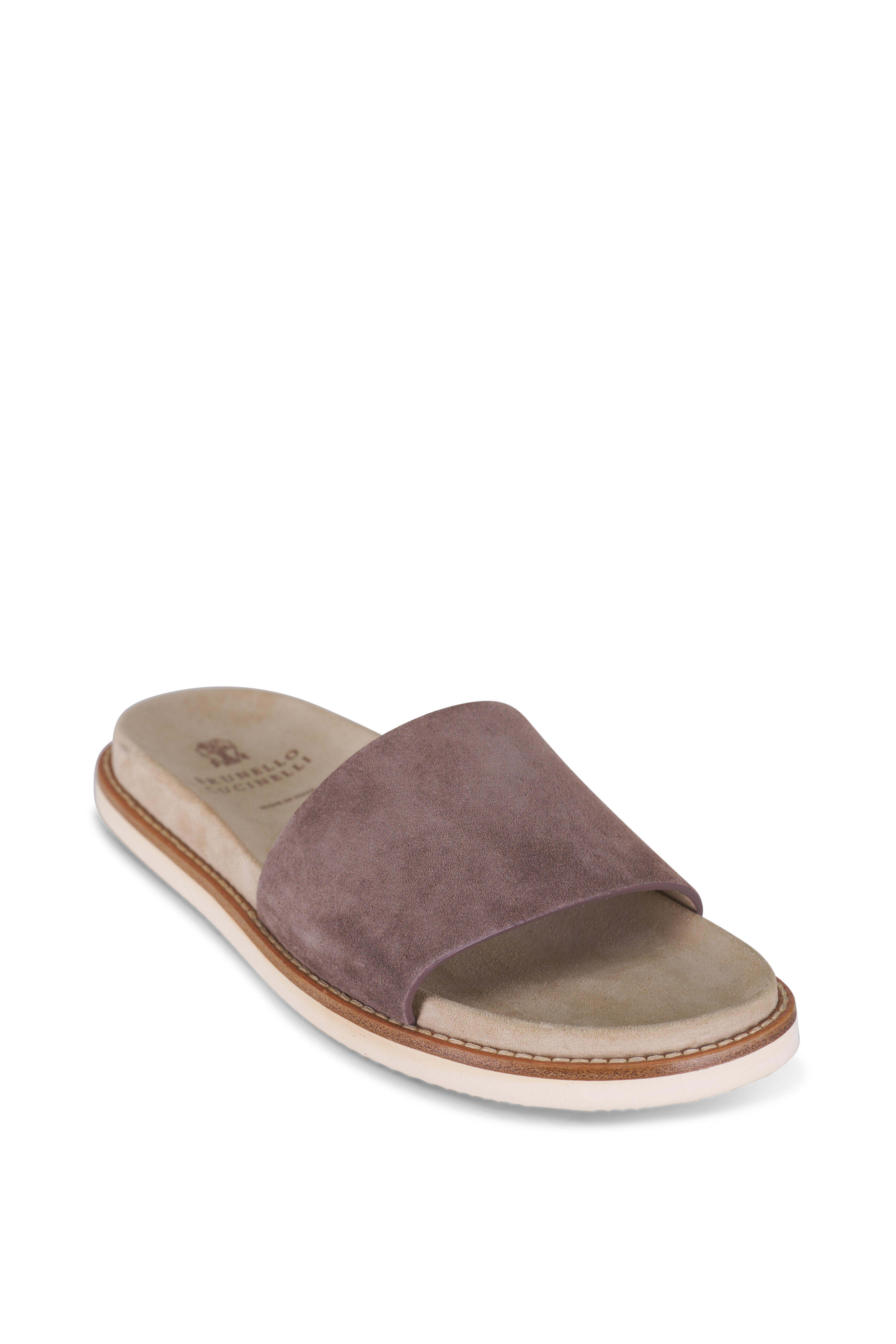 Brunello Cucinelli - Taupe Washed Suede Slide | Mitchell Stores