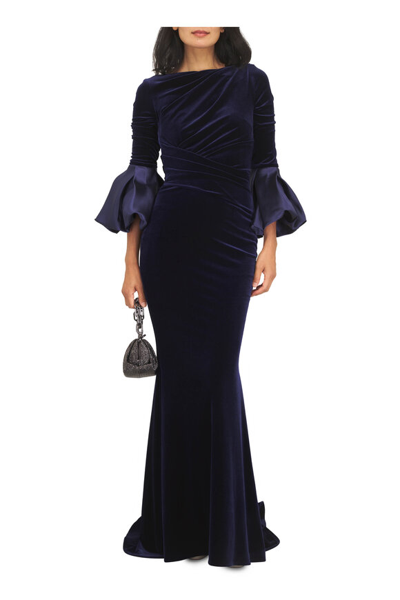 Talbot Runhof Moonlight Blue Velvet Trumpet Sleeve Gown - view 2