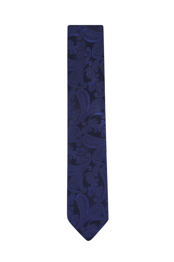 Eton Navy Blue Paisley Woven Silk Necktie - view 1
