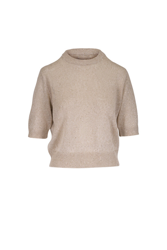 Brunello Cucinelli Beige Linen & Cotton Pailette Short Sleeve Sweater