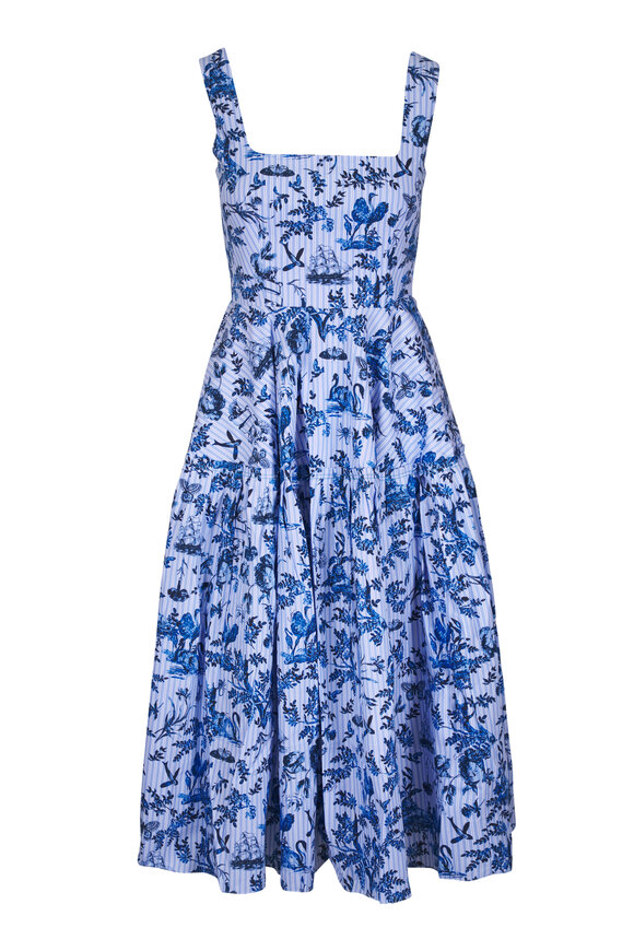 Erdem Blue & White Floral Stripe Poplin Midi Dress - view 1